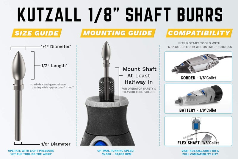 Kutzall Extreme Flame Rotary Burr, 1â„8" Shaft, Very Coarse- Wood Carving Bit for Dremel, Foredom, DeWalt, Milwaukee. Abrasive Tungsten Carbide, 1â„4" (6.3mm) Dia. X 1â„2" (12.7mm) Length FLX-14-EC - Image 2